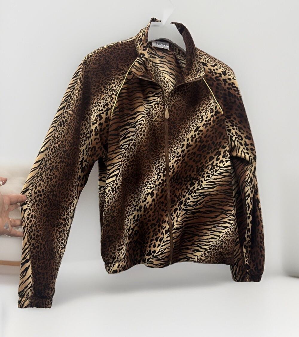 VintageY2K Disco High Neck Zip Up Bomber Jacket Top Animal Print Gold Piping M